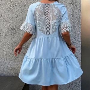 Kara and Kate Women’s Dress Mini Boho Floral Lace Puff Dusty Blue 6 Medium NWT